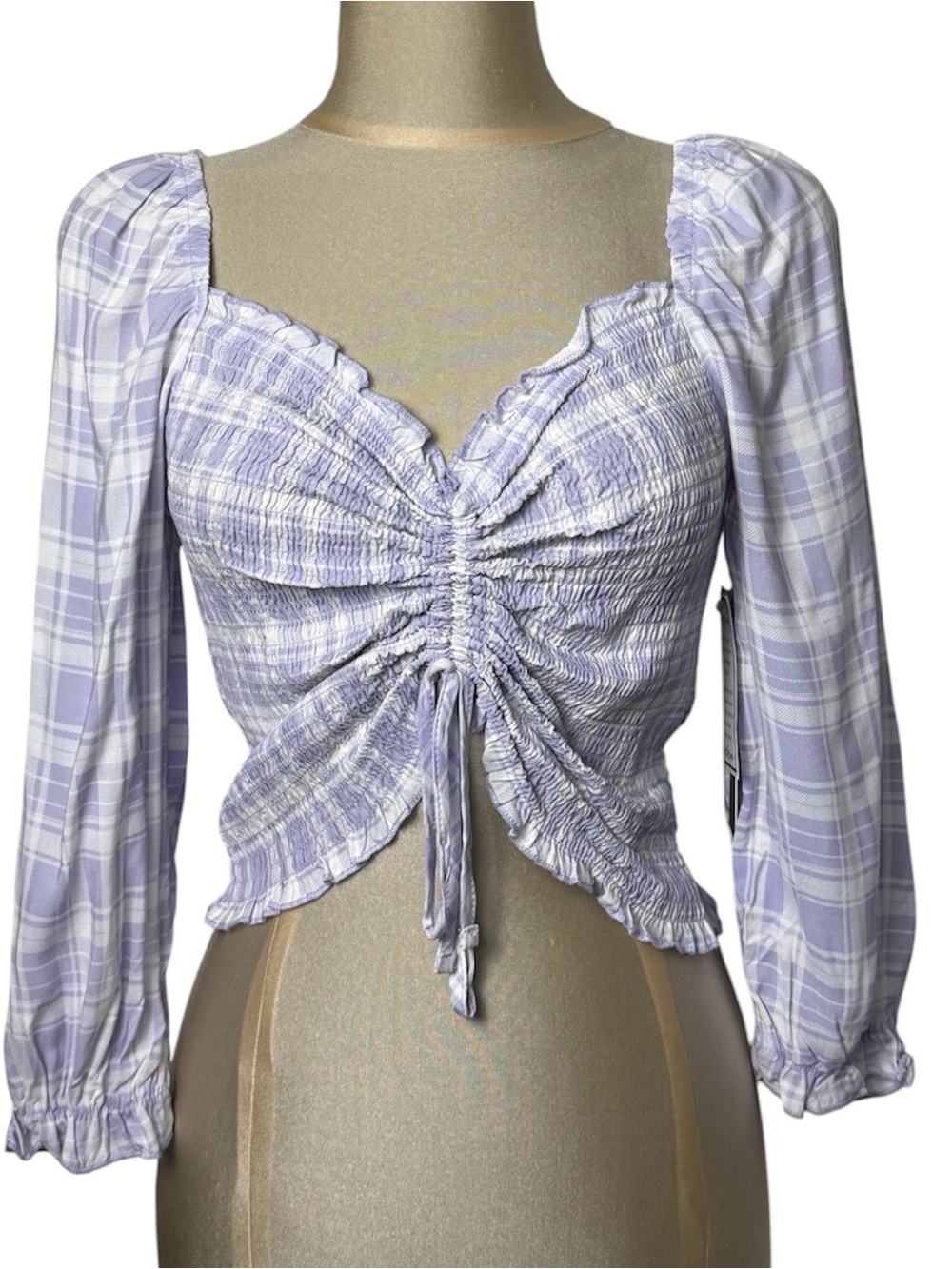 Almost Famous Lavender Plaid Ruched Crop Blouse XL NWT Cottagecore Y2K